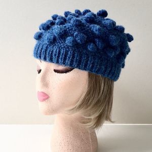 Blue Knit Winter Hat, Popcorn Stitch Pom Pom Trim